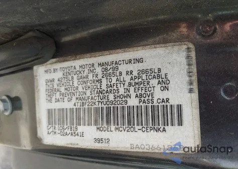 2000 Toyota Camry Le V6 из США, поврежденный, VIN 4T1BF22K7YU092029